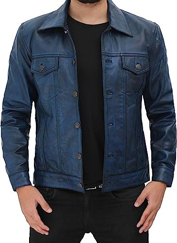 Vintage Trucker Jacke Herren – echtes Lammfell Herren Lederjacken, Fernando Lederjacke für Herren, Blau, XL