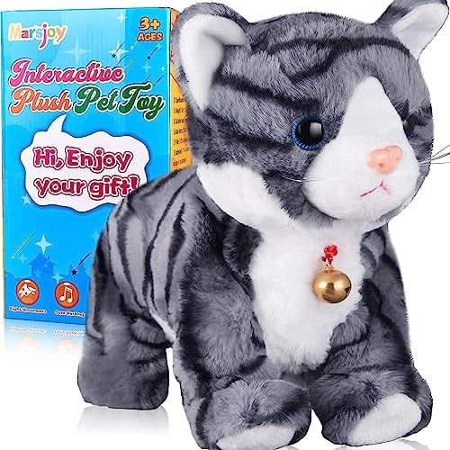 Marsjoy Interaktive Plüschkatze, Plüschtiere, graues Roboter, mit Berührungskontrolle, elektronisches Katzen-Haustier, Roboter-Katzen-Spielzeug, animiertes Spielzeug für Mädchen, Kinder, L: 30.5 cm