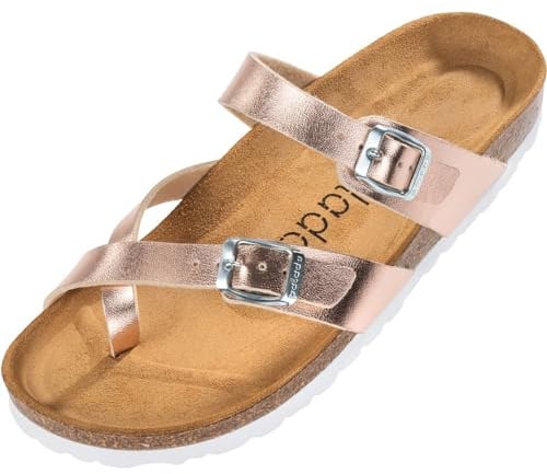 Palado Damen Pantoletten Cres Metallic - elegante Sandalen Made in Spain - bequeme Hausschuhe mit dämpfendem Kork-Fußbett - modische Sommerschuhe Rose/Silber UK4,5 - EU37