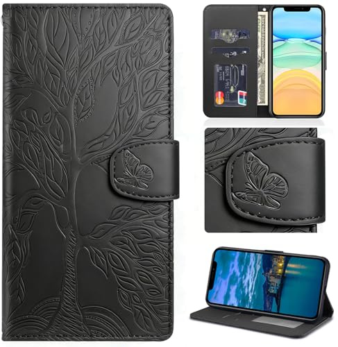 Aisenth Handyhülle für Xiaomi Mi 10T Lite 5G Klapphülle mit Kartenfächer | Baum Muster,Standfunktion,Kartenfächer,PU Leder,2 Kartenfächer+Geldfach+Handschlaufe,Stoßfeste,Magnetische,Schwarz