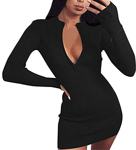 Womens Long Sleeve Knitwear Sweater Dress Turtle Neck Chunky Cable Ribbed Knitted Jumper Dresses Sexy Perspective Mesh Wrap Dress Pullover Mini Elegant Winter Dress (Black, L)