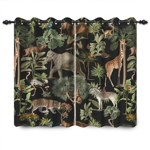 YONGFOTO 140x229cm Tierwelt Verdunkelungsvorhänge Dschungel Wildlife World Elefant Giraffe Wild Safari Grüner Wald für Wohnzimmer Schlafzimmer Fenstervorhänge, 2 Paneele mit Öse