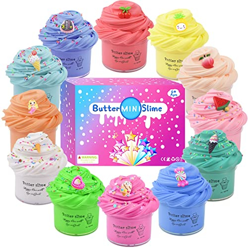 Nestling 12 Pack Fluffy Butter Slime Kit,With 12 Pack Cute Mini Charms,Cute Slime Party Gift,Super Soft and Non-Sticky,Stress Relief Toy for Girls and Boys