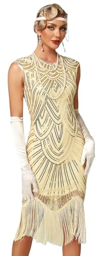 VILOREE Damen Kleid voller Pailletten 20er Stil Runder Ausschnitt Inspiriert von Great Gatsby Kostüm Kleid Beige M