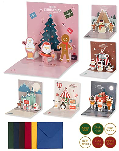 Gmasiou Pop-Up-3D-Weihnachtskarten mit Umschlägen, 6er-Pack lustige Weihnachtskarten, süße Weihnachtselche, luxuriöse Multipack-Weihnachtskarten 2022 für Familienmitglieder
