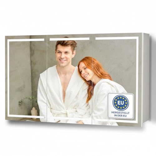 HAPA Design Milano Spiegelschrank Bad 100 cm, LED-Beleuchtung, Steckdose | Badspiegelschrank Weiß mit umlaufender LED-Beleuchtung, fertig montiert, Unterputz geeignet, Blum-Scharniere, Made in Europe
