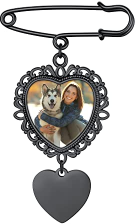 Custom4U Personalisierte Foto Brosche Pin Schwarz Edelstahl Herz Broschen Clip mit Fotogravur Memorial Hochzeit Boutonniere Pin Kit mit Foto Charms für Damen Frauen Mädchen