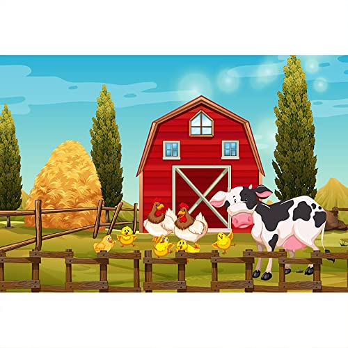 Aoihrraan 2,2x1,5m Süß Bauernhof Tiere Hintergrund Karikatur Rot Scheune Tür Scheunenhof Haus Singen Küken Molkerei Kuh Blau Himmel Fotografie Baby Shower Geburtstag Party Kinder Porträt Fotostudio