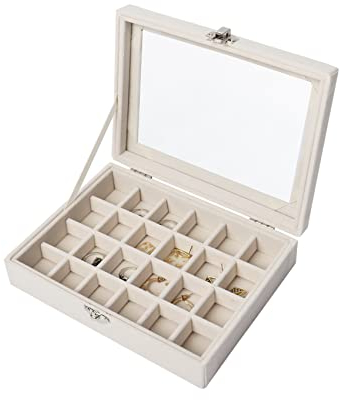 Nideen 24 Grids Earring Storage Organiser, Velvet Jewellery Box Earring Box, Jewellery Storage Display Box for Rings, Earrings, Charms, Pendants, Beige