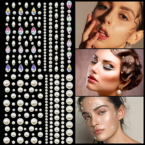 2 Fogli Perle Adesive, Autoadesivi Strass Perla Rotondi Gemme di Cristallo Perline, Brillantini Make Up Occhi Corpo Unghie Euphoria, Brillantini viso per Festival e Decorazioni per Nail Art
