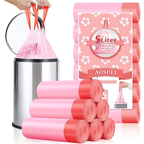 AOSULI Pedal Bin Liners with Tie Drawstring Handles 108 Counts Mini Plastic Garbage Bags 5l Small Waste Paper Bin Bags For Bathroom,Toilet,Office,Kitchen 3l-6l Rubbish Bin,Pink