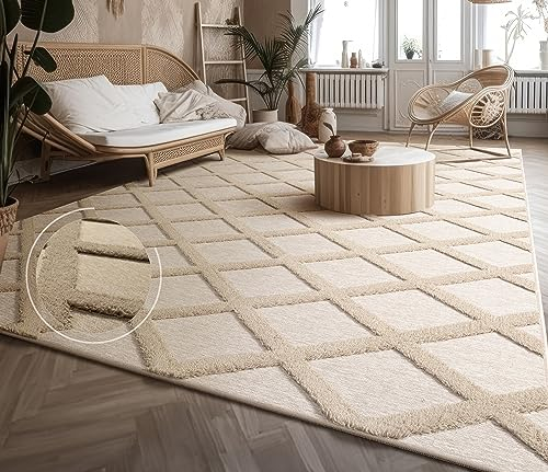 Paco Home Teppich Wohnzimmer Schlafzimmer Kurzflor Modernes Skandinavisches Muster Rauten Motiv Flauschig 3D Grau Anthrazit, Grösse:160x220 cm, Farbe:Beige