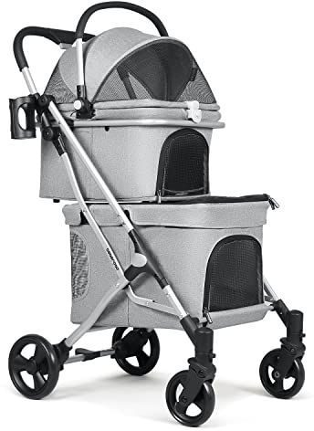 Beberoad Klappbarer Hundewagen, 2 Etagen Hundewagen für Kleine Hunde und Katzen, Pet Stroller Hundebuggy Für Mehrere Haustiere, Hundebox für Hunde & Katzen, Grau
