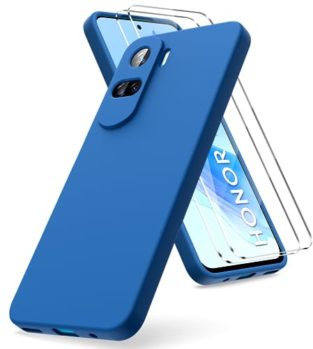 Vansdon Funda Compatible con Honor 90 Lite, 2 Unidades Protector Pantalla Cristal Templado, Silicona Líquida Gel Ultra Suave Funda- Azul
