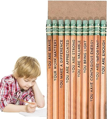 Qihuyi Affirmation Pencil Set, Motivation Stifte, Bleistifte Kinder, 10 Stück lustige Holzstifte mit inspirierenden Worten und Sprüchen für Schüler, Klassenzimmer, Geschenke zum Schulanfang