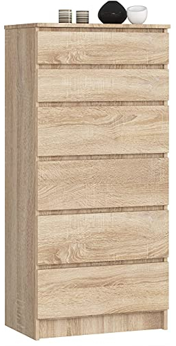 AKORD Kommode K60 mit 6 Schubladen | für das Wohnzimmer Schlafzimmer Schrank Büro Arbeitszimmer | Modernes Funktionales Design | B60 x H130 x T40 cm, Gewicht 43kg | Sonoma Eiche