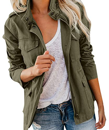EMUKFD Giacca a vento militare da donna, stile safari, con cerniera, leggera, con cappuccio, casual, primaverile e autunnale, con tasche, 02-verde militare., L