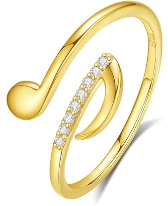 VIKI LYNN Musiknote Ring für Damen Mädchen 925 Sterling Silber überzogen mit 18k Gold Musikalische Symbole offener verstellbarer Ring