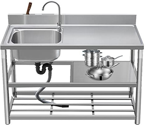 Évier de restaurant commercial avec robinet et drain, évier de cuisine utilitaire avec console/support, évier simple en acier inoxydable 304 pour garage, sous-sol, magasin, station