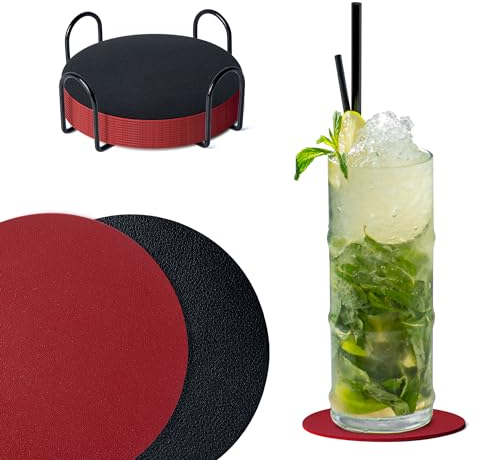 Dalababa Lot de 12 Dessous de Verre en Cuir, sous-Verres Rond de 10cm avec Support, Double Face Lavables pour Café, Verres, Maison, Bar (Noir Rouge)