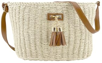 MODELISA - Bolso Bandolera Capazo Rafia Paja Borla Crossbody Estilo Casual Mujer (Beige)