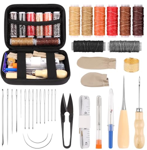 MXTIMWAN 32 Stück Leder Nähen Set, Leder Werkzeug Set mit Nähnadeln, Nähahle, Nahttrenner, Nähgarn, Schere, Leder Nähwerkzeug für Lederbearbeitung, Handnähen, DIY Lederhandwerk