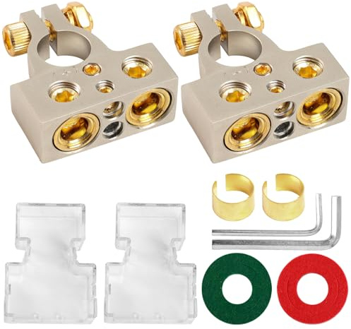 2 Stück Batterieklemmen Batterie Polklemme 0/4/8/10 AWG Messing Positiv und Negativ Batterie Terminal Anschlussstecker mit Abdeckung Unterlegscheiben und Staubdichtsdeckung