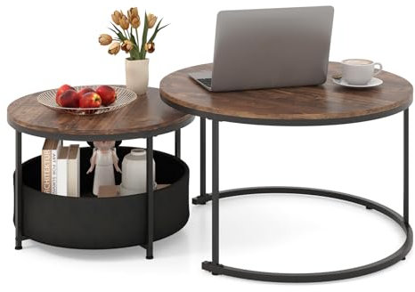 COSTWAY Round Nesting Coffee Tables Set of 2, Stackable Sofa Side Table with Metal Frame & Fabric Storage Basket, Modern Accent Snack Tea End Table for Living Room Bedroom (Rustic Brown + Black)