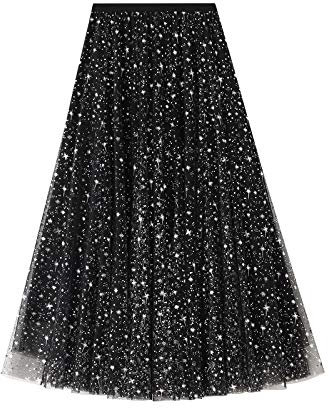 Damen Glitzer Tüllrock Lang Tüll Faltenrock Petticoat Unterrock High Waist A-Linie Maxi Plisseerock Faschingskostüme Rock für Halloween Fasching Karneval Kostüm Party (Schwarz, ONE Size)