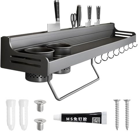 Dokeno Gewürzregal, 50cm Gewürzregal Wand, Gewürzregal Hängend Ohne Bohren, Gewürz Organizer mit Messerschlitz, Haken, Becher, Handtuchhalter, Küchenregal Wand für Gewürze, Grau