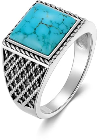 DOLIOX 925 Sterling Silber Echter Türkis Ringe für Herren Quadratischer Echter Natürlicher Edelstein mit Karomuster Schmuck im Indianerstil