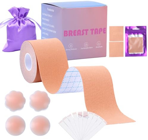 QEEROYO Nastro Adesivo Seno, Boob Tape, Nastro Adesivo per Seno Push up, con 1 Paia Copri Capezzoli, Perfettamente Invisibile, Adatto ad A-C, per Riunito Prevenire Il Rilassamento Toracico 5cm x 5m