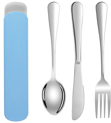 DOETYD 3 PCS Travel Cutlery Set Stainless Cutlery with Portable Case Reusable Spoon Fork and Knife for Camping Travel Picnic School Office Lunch (Blue)