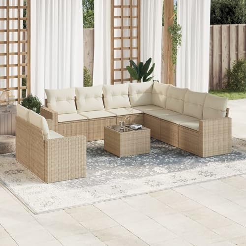 Brokky 10-TLG. Garten-Sofagarnitur mit Kissen Outdoor Sitzgruppe Lounge Set Balkon Outdoor Furniture TerassenmöBel AußEn Lounge Beige Poly Rattan / 3251495