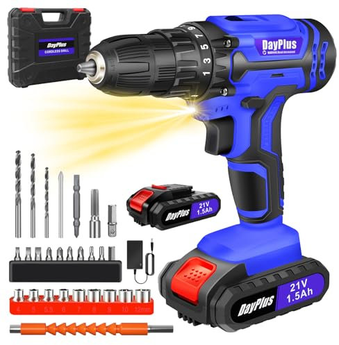 Perceuse Visseuse Sans Fil 21V, Visseuse Devisseuse Sans Fil avec 2 Batteries, 26 Accessoires et Boîte, 45Nm Max, 25+1 Réglages de Couple, 2 Vitesses, Lampe LED, pour la Bricolage à La Maison, Bleu