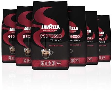 Lavazza, Espresso Aromatico, Arabica & Robusta Kaffeebohnen 6 x 1 kg, Intensität 7/10, Leichte Röstung, Schokolade & Trockenfrüchte Aromen, Ideal für Espressomaschinen