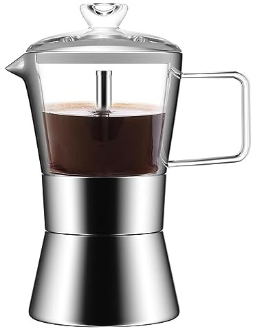 Asyduey Caffettiera in Vetro e Acciaio Inossidabile, con Coperchio in Vetro, per Moka e caffè Espresso, Classica Caffettiera, capacità di 240 Ml.