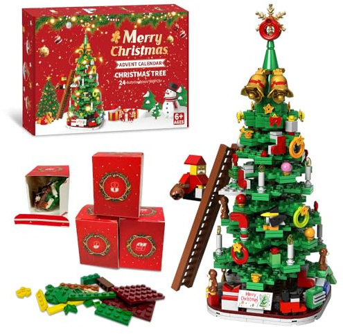 FORESTDREAM Adventskalender 2025, 888-tlg. Weihnachts-Baublock Set mit Lichtern, Baum & Santa, 24-Tage Countdown Kalender, Geschenk für Kinder, Mädchen, Jungen & Erwachsene