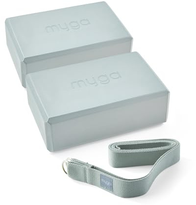 Myga Yoga Blocks & Strap Set - 2 High Density Foam Bricks and Metal D Ring Belt for Yoga, Pilates and Fitness - Support and Deepen Poses, Non-Slip and Lightweight for Home & Gym