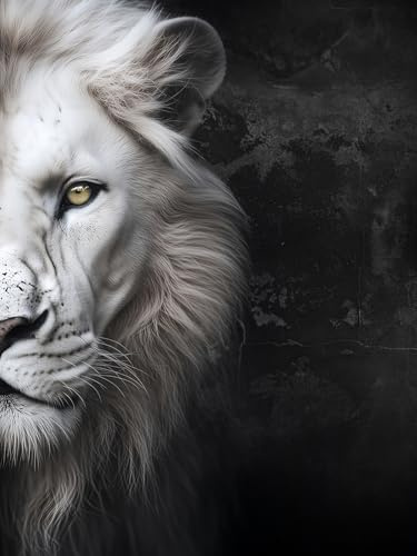 STYLER Leinwandbild White Lion 60 x 80 cm I Majestätischer Weißer Löwe Fotokunst Schwarz-Weiß I Wandbild Wohnzimmer Schlafzimmer Büro I Moderne Wanddeko auf Keilrahmen