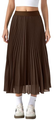 QINSEN Women's Elegant Pleated Midi Skirts A-line Flowy Long Chiffon Skirts High Waist Smooth Lining Mocha M