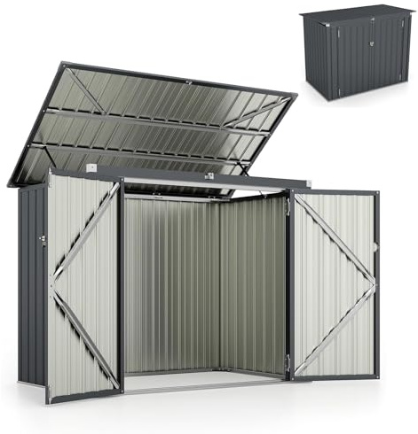 GOPLUS Gerätehaus Metall 1,5 m², Geräteschuppen mit Klappdeckel & 2 Türen, Mülltonnenbox Müllhaus für 2 Mülltonnen, Gartenschuppen Gartengerätehaus für Farm, Terrasse, 172 x 101 x 130 cm (Dunkelgrau)