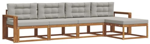 vidaXL Outdoor-Sofagarnitur mit Kissen 5 pcs Natürlich und Hellgrau, Outdoor-Möbel-Set, modernes Patio-Sofa, wetterfestes Lounge-Set, Latten-Sofa, modulares Sofa