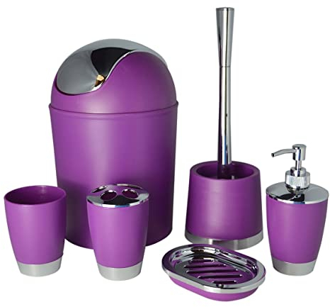 Bathlux Modern Design 6 Piece Bathroom Accessory Set, Toilet Brush, Waste Bin, Soap Dish, Tooth Brush Holder Soap Dispenser, Rinse Cup (Purple)