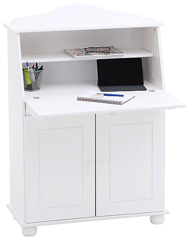 IDIMEX Bureau secrétaire David avec abattant Rangement Plusieurs étagères 2 Portes et Plan de Travail Rabattable, en pin Massif lasuré Blanc