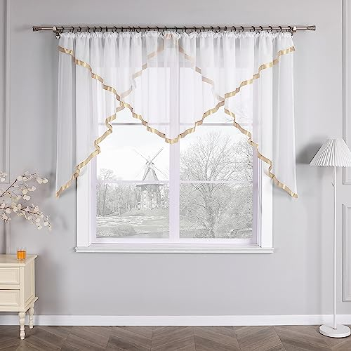 HongYa Kuvertstore transparenter Voile Gardine mit Satinbänder Kräuselband Vorhang H/B 145/450 cm Sand