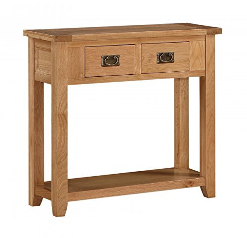 Solid Oak with Oak Veneer Stirling Living Room Hallway Console Table With 2 Drawers, 910W x 305D x 810H, Assembled, Living Room Furniture