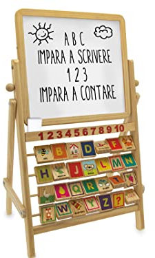 Teorema Giocattoli- Lavagna per Bambini Multiattività Double Face in Legno con Alfabetiere, Numeri dall'1 al 10 e Accessori, 40513