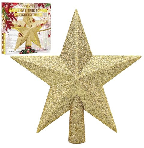Aneco Puntale per albero di Natale glitterato, infrangibile, decorazione per albero di Natale, decorazione per le vacanze o per la casa (oro, 15,2 cm)