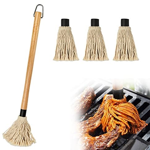 Pinceaux pour Barbecue, Pinceaux de Cuisine badigeonner pour Sauce Barbecue avec Long Manche en Bois avec 3 têtes de Rechange supplémentaires pour la Cuisson et Le Barbecue